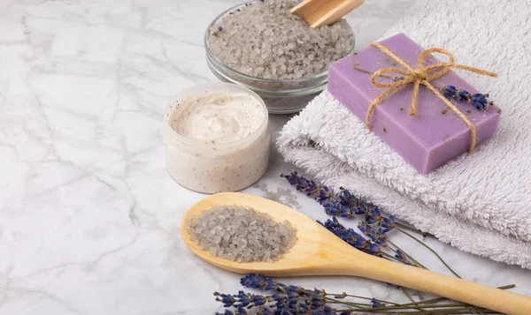 Lavender Spa Cosmetic Products Sea Salt Body Cream Scrub Essential — Stockfoto