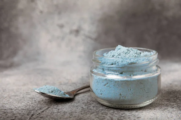 Blue Spirulina Powder Bowls Spoon Black Marble Background Natural Vegan — 图库照片
