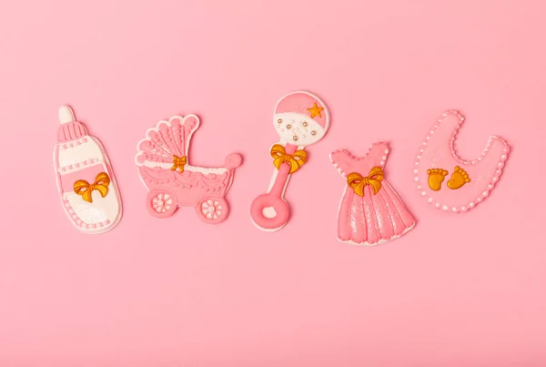Set Delicious Baby Shower Cookies Pink Textured Background Gender Cookies — Φωτογραφία Αρχείου