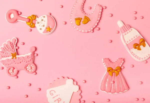 Set Delicious Baby Shower Cookies Pink Textured Background Gender Cookies — Φωτογραφία Αρχείου