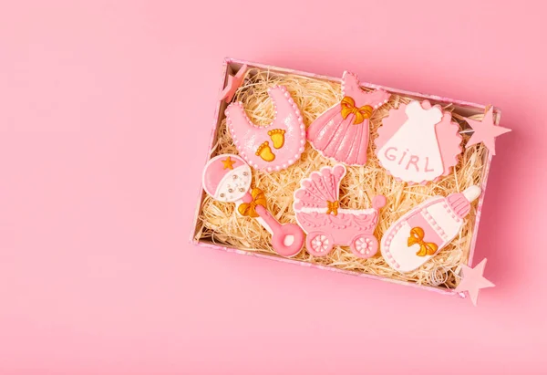 Set Delicious Baby Shower Cookies Gift Box Pink Background Gender — Φωτογραφία Αρχείου