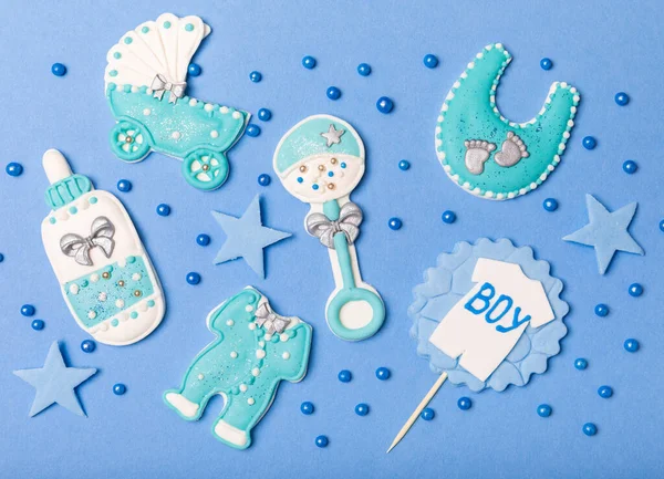 Set Delicious Baby Shower Cookies Blue Textured Background Gender Cookies — Φωτογραφία Αρχείου