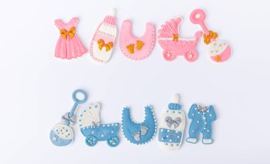 Baby shower cookies isolated on white background.