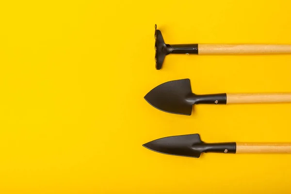 Garden tools on a bright yellow background. Space for text. Space for copy. Top view. Gardening concept.Working in the garden.Hobby. Garden shovels and rakes on a textured background.
