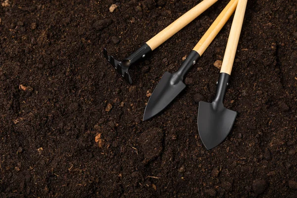Garden tools and fertile soil. Garden rake, shovel, gloves, pruner and fertilizer. Gardening concept. Top view. Place to copy. Mocap. Banner.