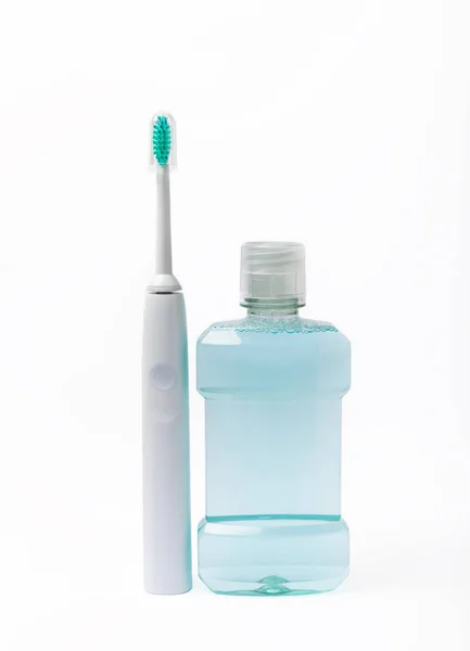 Electronic Ultrasonic Toothbrush Mouthwash Isolated White Background Items Dental Care — Stock Photo, Image