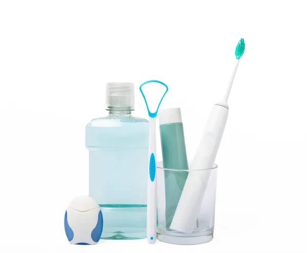 Mouthwash Toothbrush Floss Tongue Cleaner Toothpaste Isolated White Background Items — Stock Photo, Image