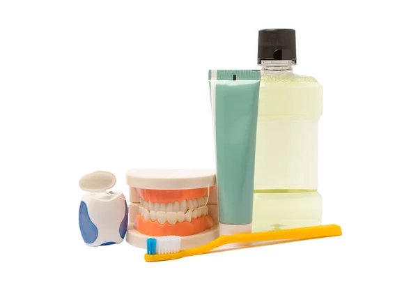 Bottle Mouthwash Toothbrush Toothpaste Dental Floss Isolated White Background Dental — Stock Photo, Image