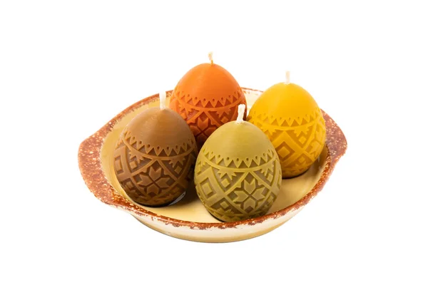 Huevos Vela Pascua Plato Aislado Sobre Fondo Blanco Concepto Vacaciones —  Fotos de Stock