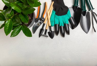 Bahçe aletleri, budama, bahçe eldivenleri, beton zeminde kürek ve tırmık. Bahçenin kavramsal bileşimi. Mesaj için yer. Kopyalanacak yer. Bahçe işleri ve hobiler. Bahçe aletleri