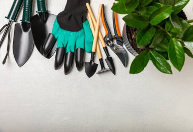 Bahçe aletleri, budama, bahçe eldivenleri, beton zeminde kürek ve tırmık. Bahçenin kavramsal bileşimi. Mesaj için yer. Kopyalanacak yer. Bahçe işleri ve hobiler. Bahçe aletleri