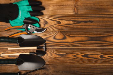 Bahçe aletleri, budama, bahçe eldivenleri, kürek ve kahverengi ahşap üzerinde tırmık. Bahçenin kavramsal bileşimi. Mesaj için yer. Kopyalanacak yer. Bahçe işleri ve hobiler. Bahçe aletleri