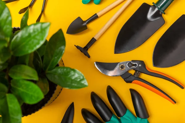 Gardening Tools Pruner Gardening Gloves Shovel Rake Bright Yellow Background — Stock Photo, Image