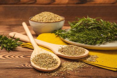 Taze biberiye ve kuru baharat tabakta ve kahverengi desenli arka planda kaşıklar. Taze baharat. Et ve balık çeşnisi. Tarif. Masada taze biberiye buketi. Mesaj için yer..