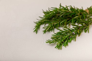 Beyaz desenli ahşap arka planda biberiye. Taze baharat. Et ve balık çeşnisi. Yemek tarifi. Masada bir buket taze biberiye var. Mesaj için yer. Kopyalanacak yer.