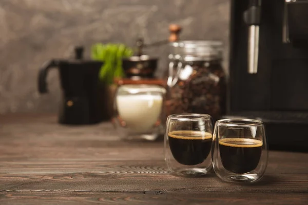 Stock image Black espresso coffee on a black table in a cafe.Strong hot fragrant coffee.Good morning concept. Barista. Coffee house concept. Place for text.