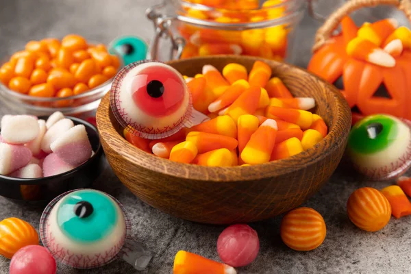 Halloween Candy Corn Jelly Eye Pumpkin Candy Sugar Skull Different — Stock Photo, Image