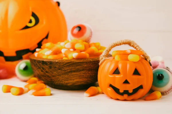 Halloween Słodycze Kukurydzy Galaretki Oka Cukierki Dyni Czaszki Cukru Różnych — Zdjęcie stockowe