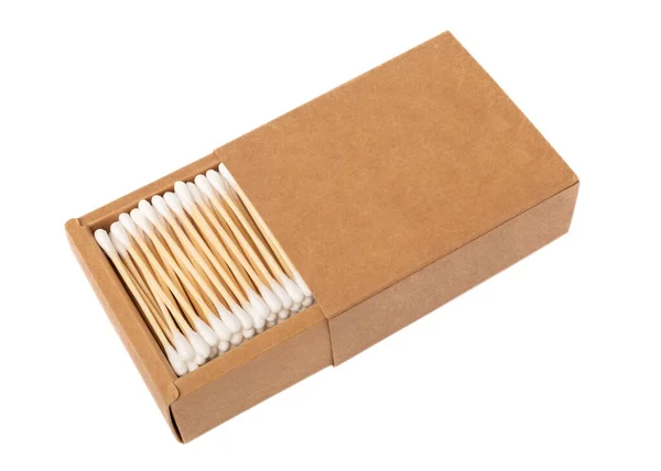 Cotton Swabs Craft Box Isolated White Background Bamboo Cotton Buds — Stock Photo, Image