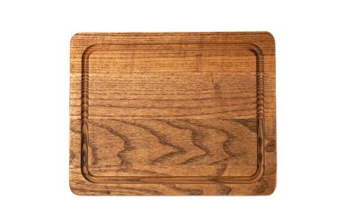 Kesme tahtası beyaz arkaplanda izole edilmiş. El yapımı tahta kesme tahtası. Beyaz arka planda ahşap tahta. - Model. Tasarım.