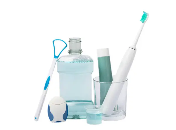 Electric Toothbrush Toothpaste Mouthwash Dental Floss Tongue Cleaner Isolated White — Stock Photo, Image