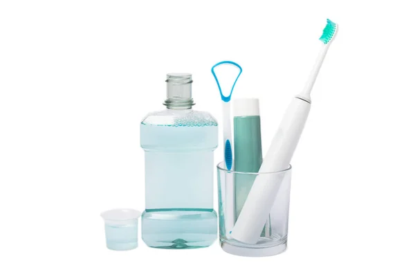 Electric Toothbrush Toothpaste Mouthwash Dental Floss Tongue Cleaner Isolated White — Stock Photo, Image