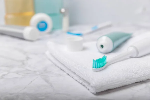 Electric toothbrush on the background of the bathroom. Smart electric toothbrush. Modern technologies for health. healthy teeth.Dentistry concept.