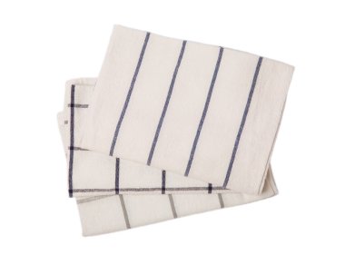 Mutfak havlusu. Beyaz arka planda izole edilmiş peçete yığını. Piknik havlusu. Ev yapımı tekstil. Katlanmış giysi. Yemek tasarım elementi. Kare peçete.