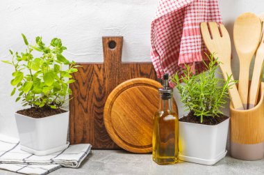 Mutfağın arka planında saksıda yetişen çeşitli taze otlar. Yeşil fesleğen, nane. kekik, kekik ve biberiye. Potasyum içinde taze aromatik otlar. Mutfak bitkileri. Uzayı kopyala..