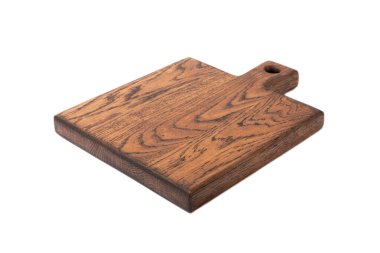 Modern ahşap kesim tahtası beyaz arka planda izole edilmiş. Yemek tarifi. Mutfak eşyaları..