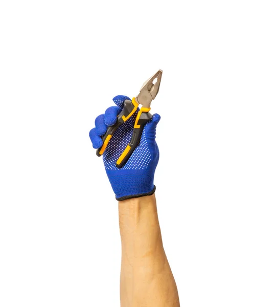 Electrician. Electrician\'s hand with tools isolated on white background. Electrician\'s tool. workforce. Yellow and black pliers in the hands.