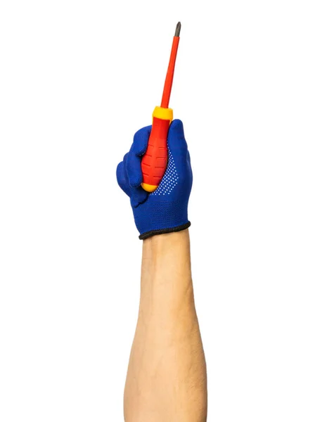 电工的手 用白色背景隔离的工具 电工的工具 劳动力 红色螺丝刀在一个男人手里 — 图库照片