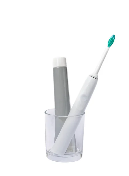 Electric Toothbrush Toothpaste Isolated White Background Flat Lay Oral Hygiene — Stock Photo, Image