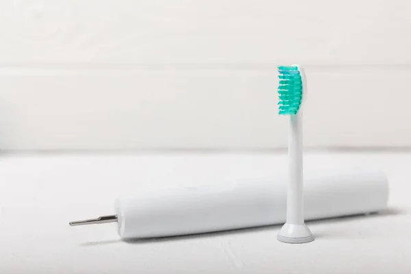 Electric Toothbrush Marble Background Copy Space Flat Lay Oral Hygiene — Stock Photo, Image