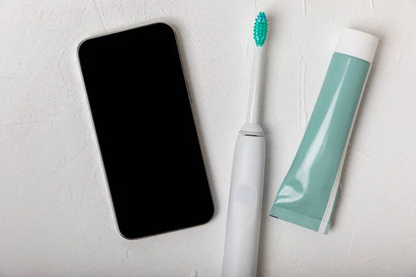 Sonic Electric Toothbrush Wireless Connection Smartphone App White Marble Background — Stock Photo, Image