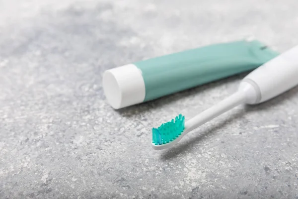 Toothbrush Tube Toothpaste Marble Background Copy Space Flat Lay Oral — Stock Photo, Image