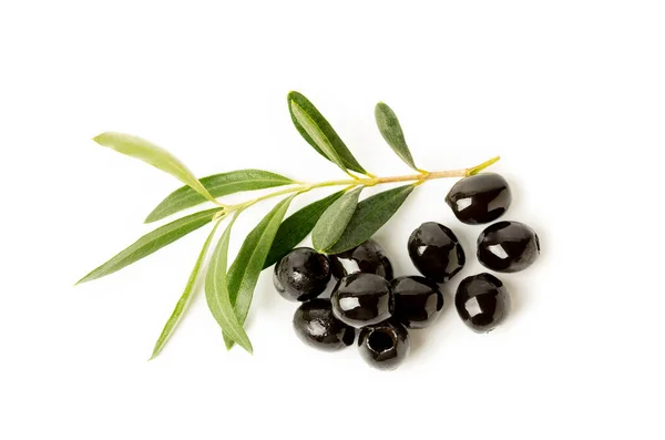 Tasty Black Olives Leaves Isolated White Background Fresh Fruit Olives — Stock Photo, Image