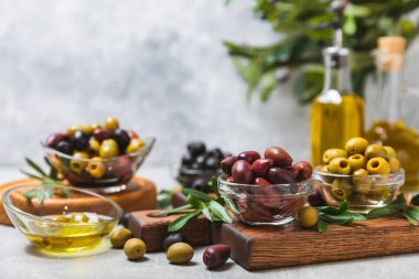 Mavi arka planda yeşil, kırmızı ve siyah zeytin seti. Farklı türde zeytin ve taze zeytin yapraklı zeytin yağları. Lezzetli. Akdeniz mutfağı. Boşluğu kopyala.