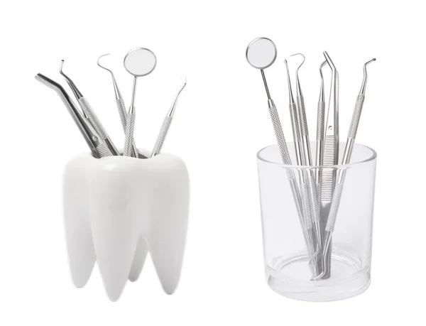 白い背景に隔離された歯科用器具と歯モデル 口腔ケアのための専門的なツール 歯を白くし 歯茎を刺激し 歯垢とタールを除去します 歯をきれいにする歯医者の概念 コラージュ デザイン モックアップ — ストック写真