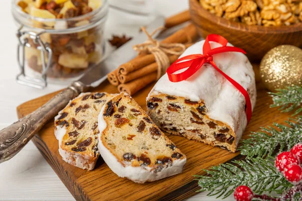 Christmas Stollen Wooden Background Traditional Christmas Festive Pastry Dessert Stollen — Stock Photo, Image