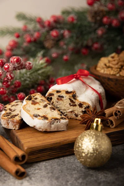 Christmas Stollen Wooden Background Traditional Christmas Festive Pastry Dessert Stollen — Stock Photo, Image