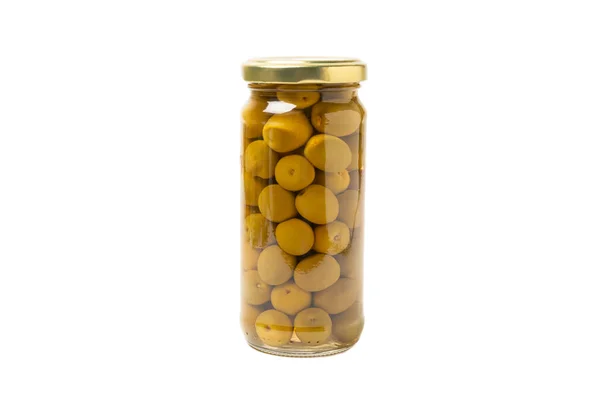 Green Olives Glass Jar Isolated White Background Pitted Green Olives — Stock Photo, Image