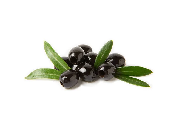 Černé Olivy Izolované Bílém Pozadí Listy Olivovníku Vegan Složení Pro — Stock fotografie