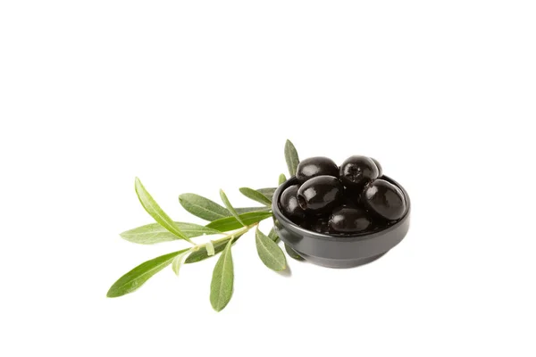 Black Olives Isolated White Background Olives Bowl Olive Tree Leaves — Stock Photo, Image