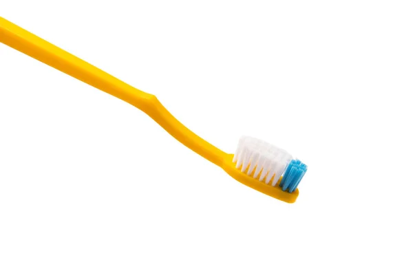 Gelbe Zahnbürste Isoliert Auf Weißem Hintergrund Prävention Von Zahnbelag Und — Stockfoto