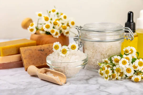 カモミール エッセンシャルオイル カモミールの花 ボディクリーム 手作り石鹸 質感のある背景にカモミールの花を持つ天然ハーブ化粧品 化粧品チューブ — ストック写真