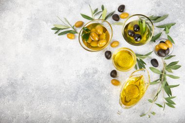 Cam bir kasede zeytinyağı ve dokulu bir arka planda sos kabı. Zeytin dallı ve meyveli yağ şişesi. Mesaj için yer. kopyalama alanı. Yemek yağı ve salata sosu..