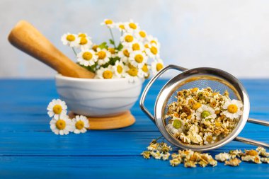 Doku masasında kurutulmuş papatya çayı. Papatya çayı. Papatya çayı. Düz yat. İçinde buket ve havan topu içinde papatya çiçeği olan bir kompozisyon. Bitkisel içecek. Rahatlatıcı ve tonik çay. Boşluğu kopyala.