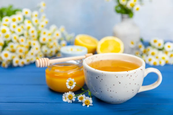 Chá Ervas Camomila Com Botões Flores Uma Mesa Madeira Azul — Fotografia de Stock