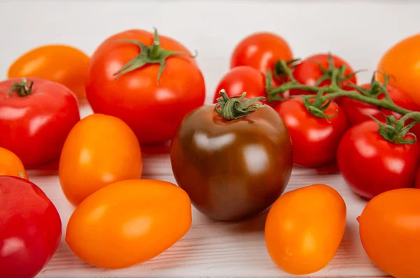 Tomates Fundo Madeira Branco Tomates Cereja Tomates Amarelos Rosa Marrons — Fotografia de Stock